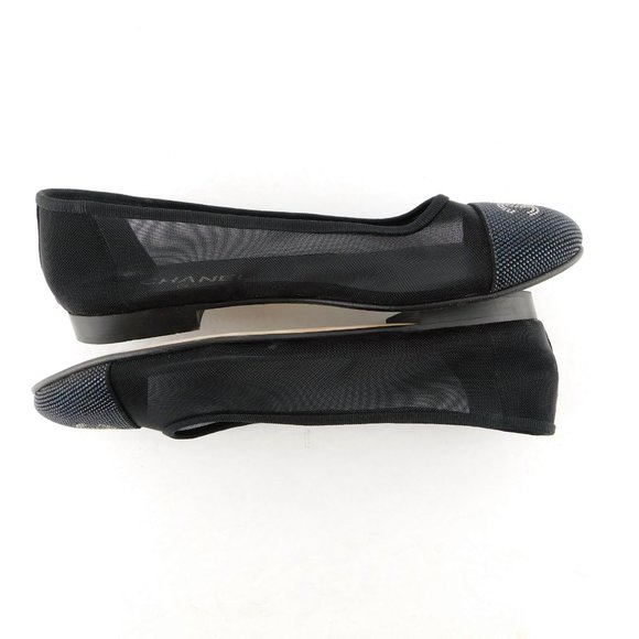 CHANEL Black Crystal CC Logo Cap Toe Mesh Suede Ballet Flats 37.5 - Picture 5 of 9